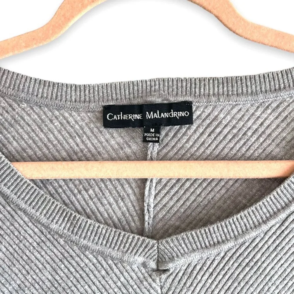 CATHERINE MALANDRINO | Gray Diagonal Knit V-Neck Sweater (M)